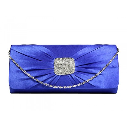 Evening Bag - 12 PCS - Satin w/ Rhinestone Square Charm - Blue - BG-92024BL